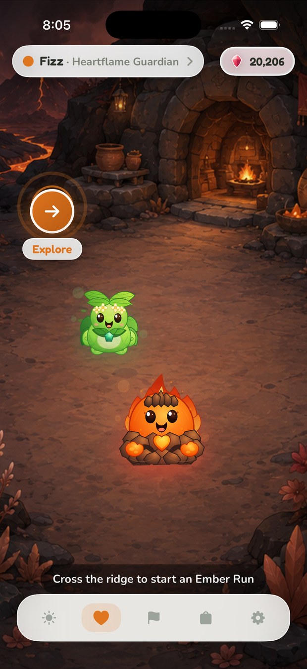 A Pathlings habitat scene inside a glowing ember cavern