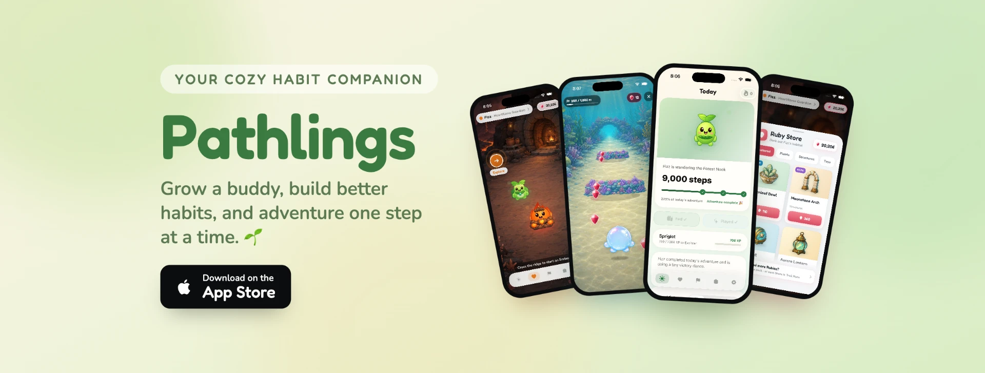 Pathlings promo banner showing four app screens: the Today dashboard, a Trail Run, a habitat, and the Ruby Store