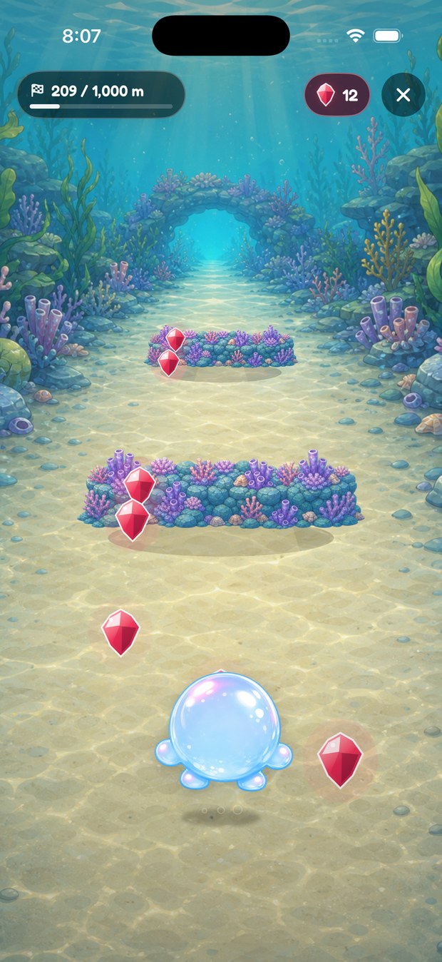The Trail Run mini game with an underwater trail and rubies